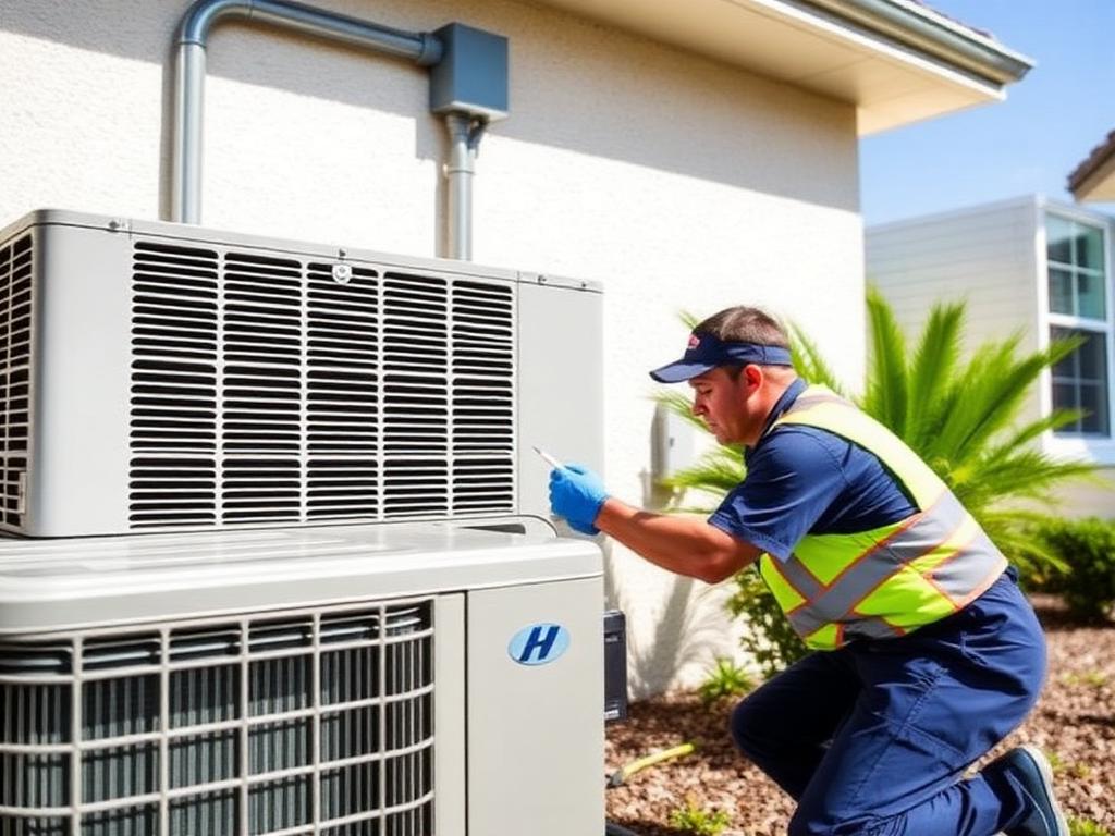 SunAir HVAC technician servicing an outdoor AC condenser unit at an Ocala, FL home