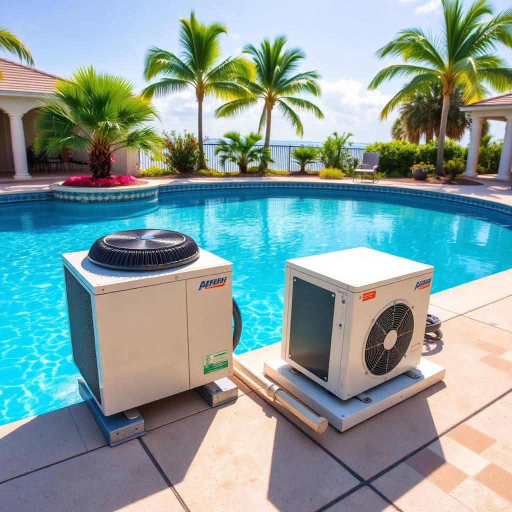 Heat pump pool heater installed beside a residential Florida swimming pool